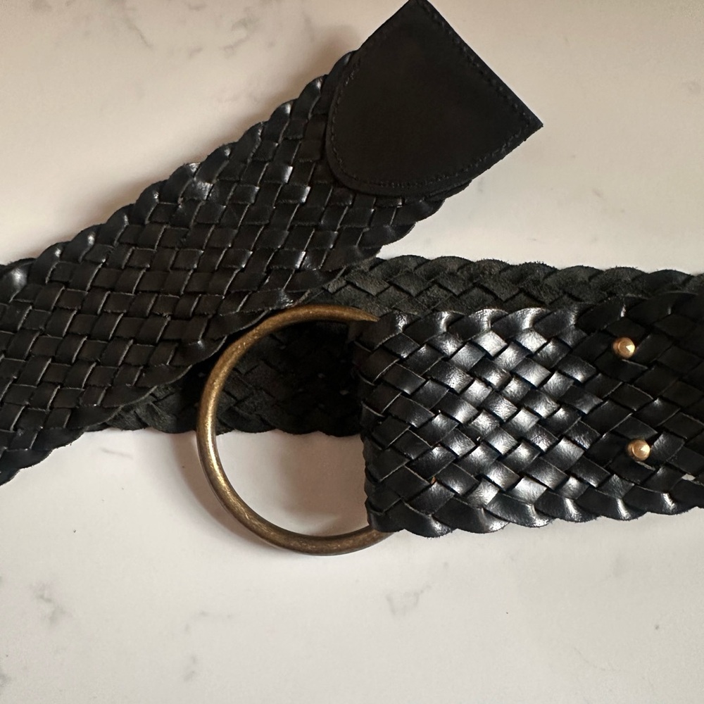 Vintage Black Woven Leather Belt | Brass O-ring Buckle | Boho Western Wide Belt - Picture 3 of 6